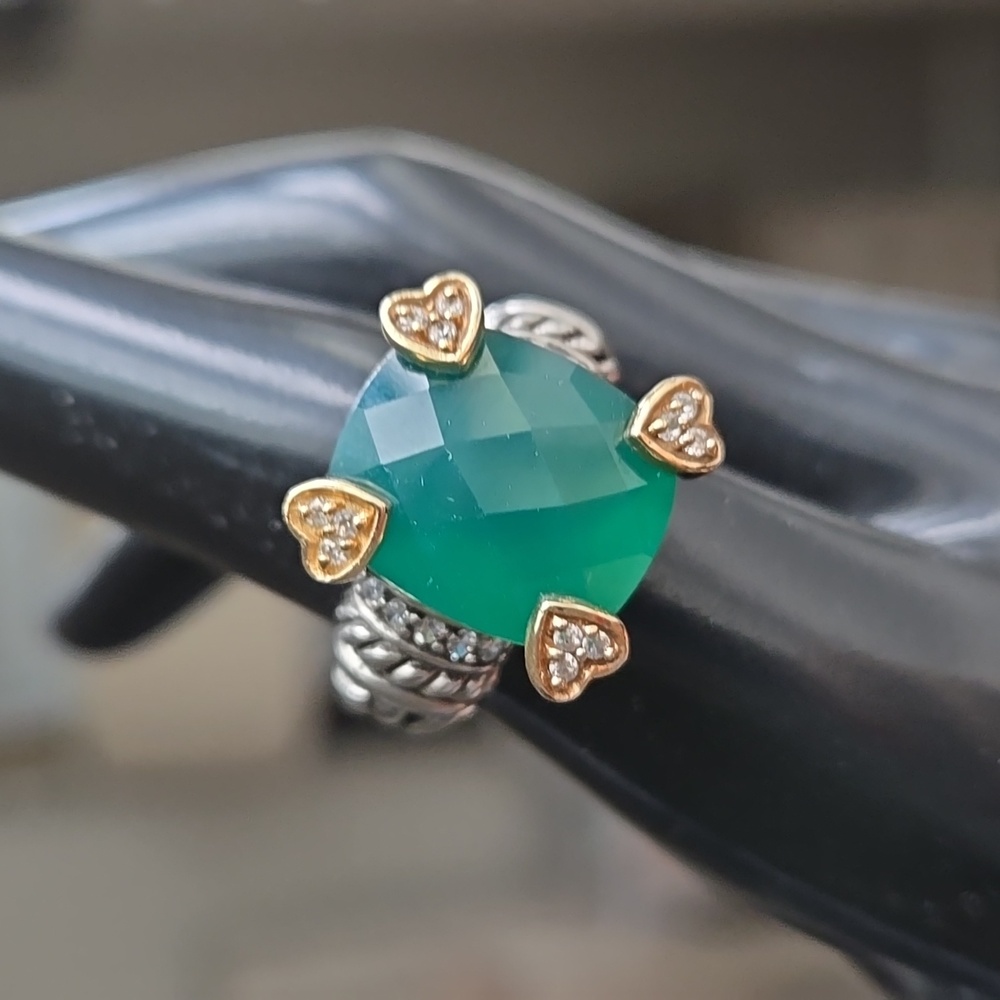 Emerald Checkerboard Cut Ring w/silver Intricate Band And Gold Hearts Detail